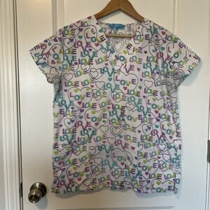 JDM Uniforms Women's Size S Scrub Top Love Heart Print Valentines White Pink